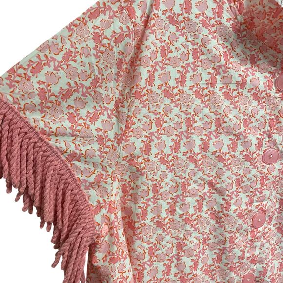 Elizabeth Wilson White Pink Floral Print Fringe Trim Button Up Dress Size XXXL - Picture 3 of 8